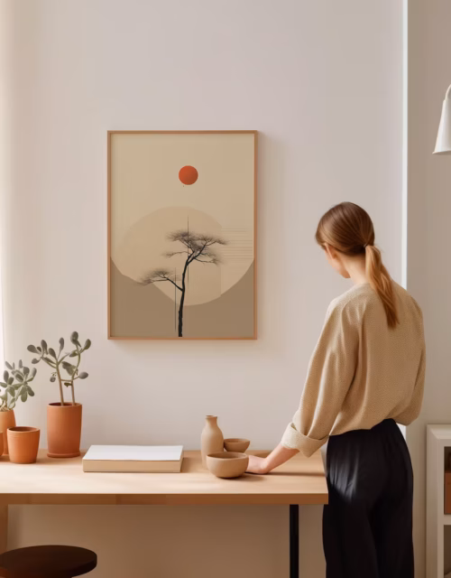 Tree of Life Japandi Wall Art, Geometric Prints Boho Style Scandinavian Art, Muted Asian Landscape Modern Aesthetic, Vintage Artwork Deco